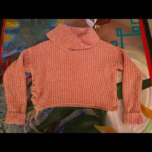 Salmon cropped turtle neck sweater lace up side